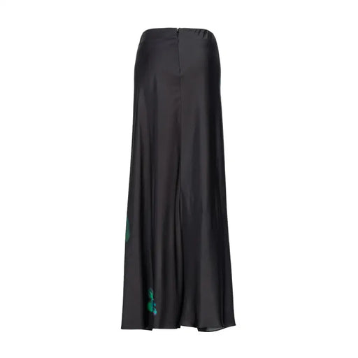 Pinko women black satin maxi skirt with subtle green floral embroidery along the side seam and zip closure