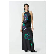 Pinko women black floral skirt with zip featuring black satin halter-neck maxi dress with vibrant teal and purple floral prints