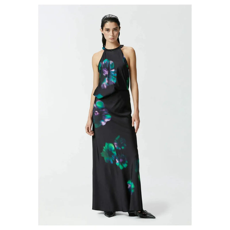 Pinko women black floral skirt with zip featuring black satin halter-neck maxi dress with vibrant teal and purple floral prints