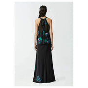 Pinko women black satin maxi dress with halter neckline and teal and purple floral print for elegant occasions