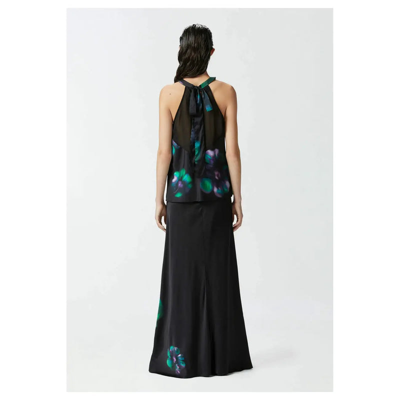 Pinko women black satin maxi dress with halter neckline and teal and purple floral print for elegant occasions