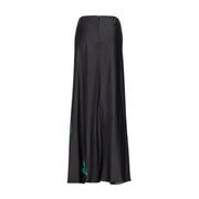 Pinko women black satin maxi skirt with subtle green floral embroidery along the side seam and zip closure