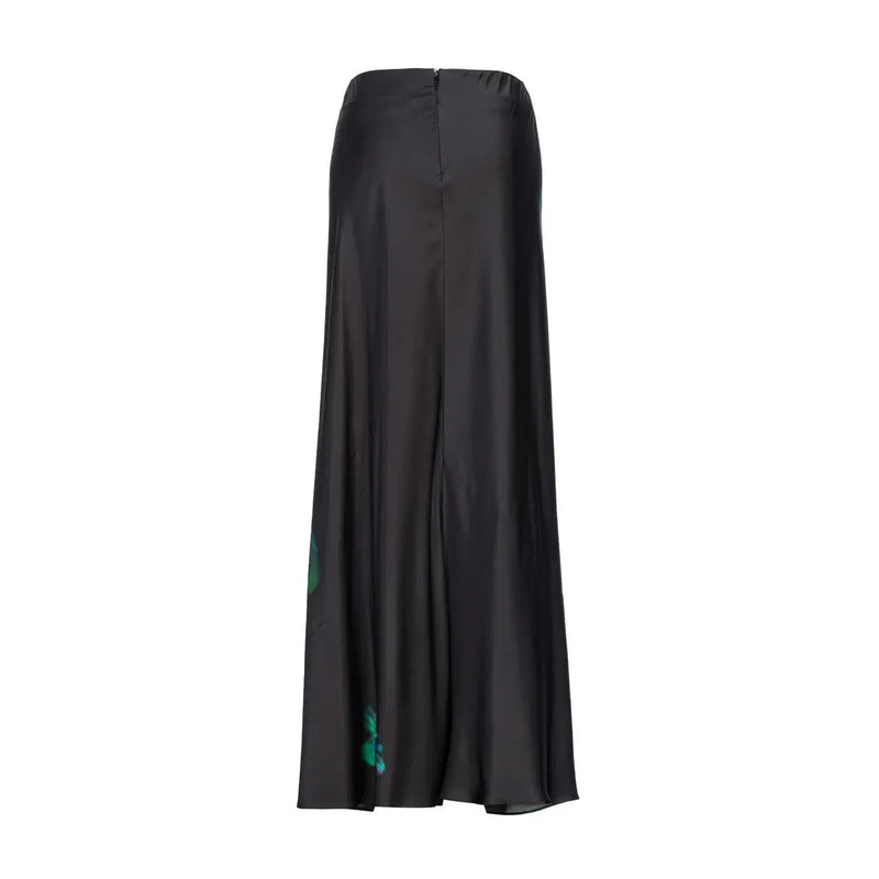 Pinko women black satin maxi skirt with subtle green floral embroidery along the side seam and zip closure