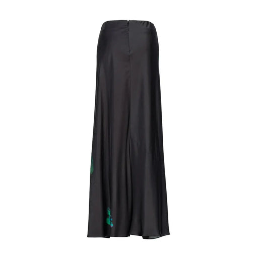 Pinko women black satin maxi skirt with subtle green floral embroidery along the side seam and zip closure
