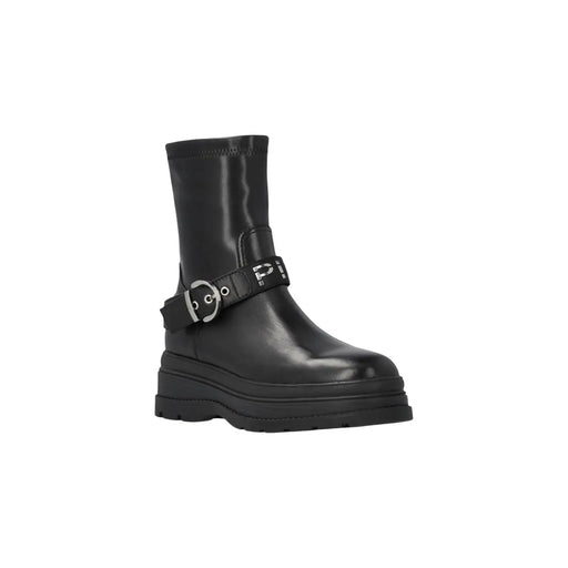 Pinko Bottines en cuir noir pour femmes, avec boucle argentée et bride logotée, pour un style facile à enfiler.