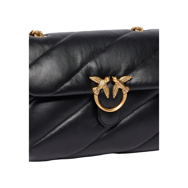 Pinko women black quilted leather love puff bag small with gold-tone bird clasp and dimensions W26 x H16 x L9 cm