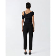 Black off-the-shoulder ruched top paired with pinko women black viscose slim fit tailored trousers for spring summer