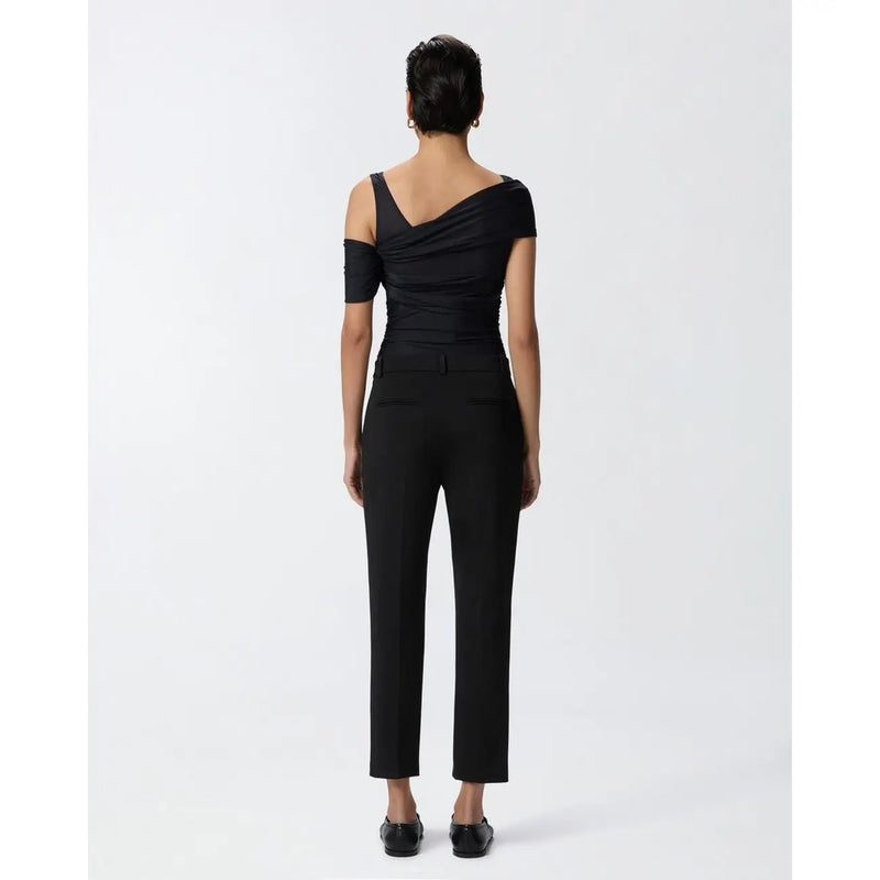 Black off-the-shoulder ruched top paired with pinko women black viscose slim fit tailored trousers for spring summer