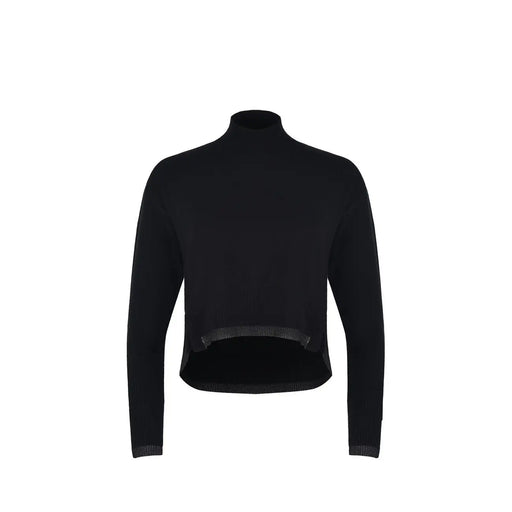 Pinko women black wool cropped turtleneck sweater with long sleeves and subtle textured hem