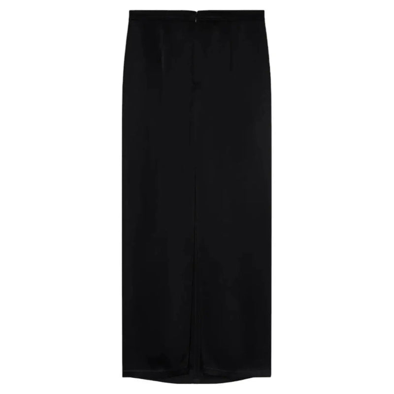Pinko women black satin midi zip skirt with sleek straight cut and center front seam from spring summer collection