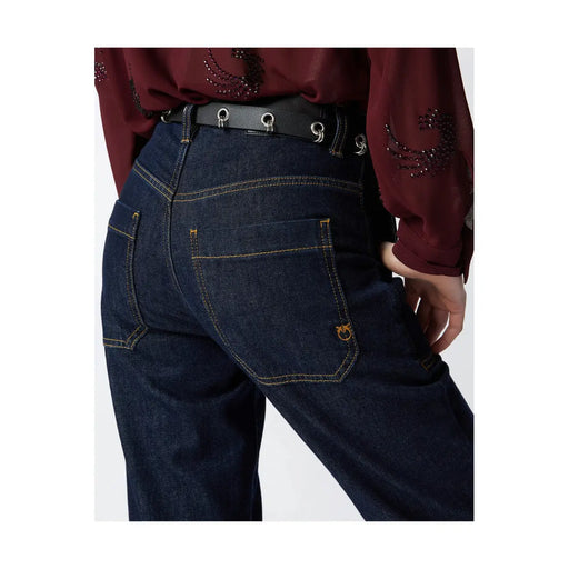 Back side of pinko women blue cotton stretch denim jeans in dark blue with yellow stitching and gold logo on pocket