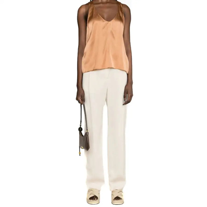 Pinko women brown satin v neck tank top with thin straps in taupe for spring summer wear