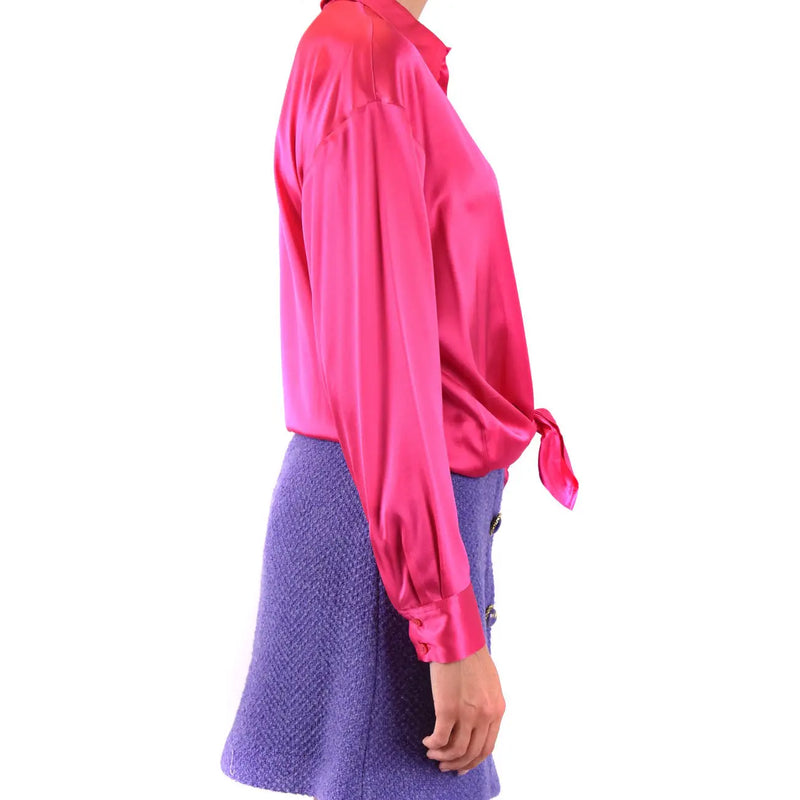 Pinko women fuchsia satin long sleeve blouse with tied waist classic silk shirt v 26080 front view