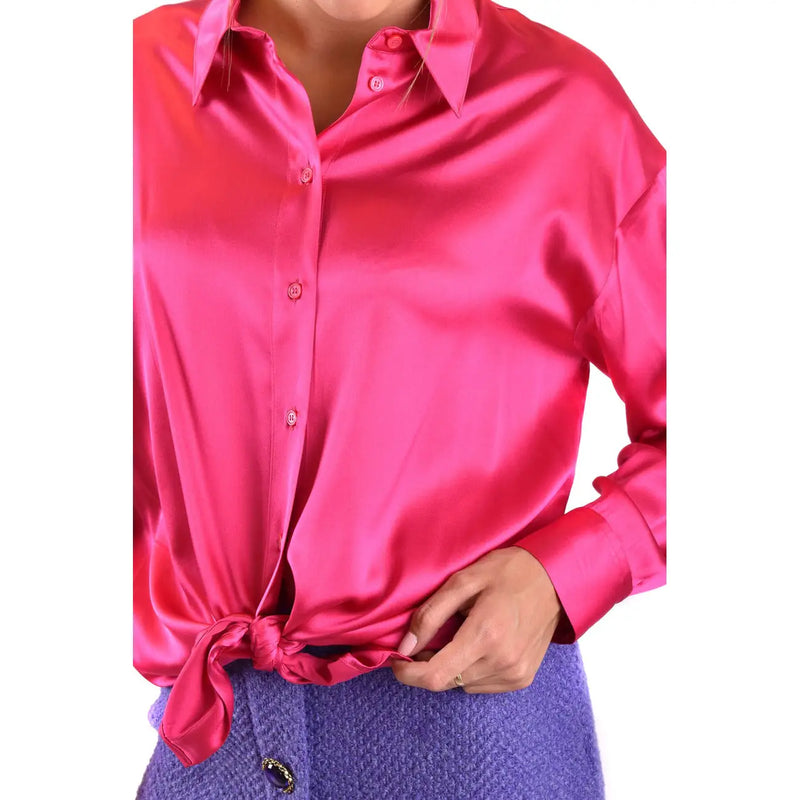 Pinko women fuchsia silk long sleeve classic shirt with vibrant satin finish and knotted waistband detail