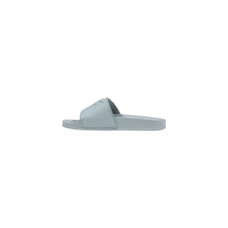 Light gray rubber slide sandal with minimalist design and embossed logo on the strap for Pinko women green PVC slippers
