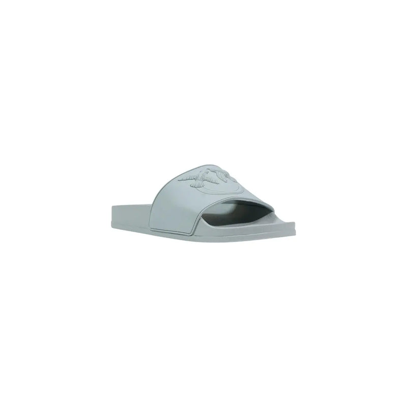 Pinko women green pvc open toe slippers featuring a light gray rubber slide sandal with embossed logo on the strap