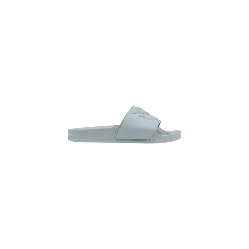 Light gray slide sandal with subtle embossed logo on strap pinko women green pvc open toe slippers
