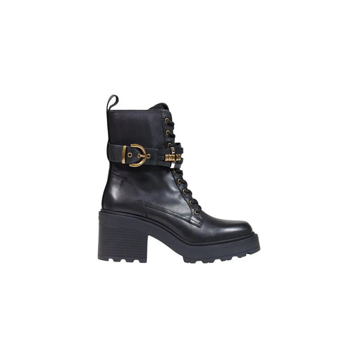 Pinko Bottines en cuir noir pour femmes, à talon bloc, style bottine de combat, ornées d'une boucle et de lacets dorés.