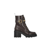 Pinko women leather ankle boots in dark brown with gold-tone buckle and black chunky heel