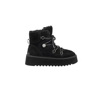 Pinko women leather ankle boots in black suede with plush shearling lining and chunky platform sole