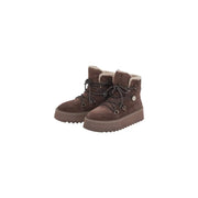 Pinko women leather ankle boots in brown suede with plush white lining and chunky platform soles for winter use