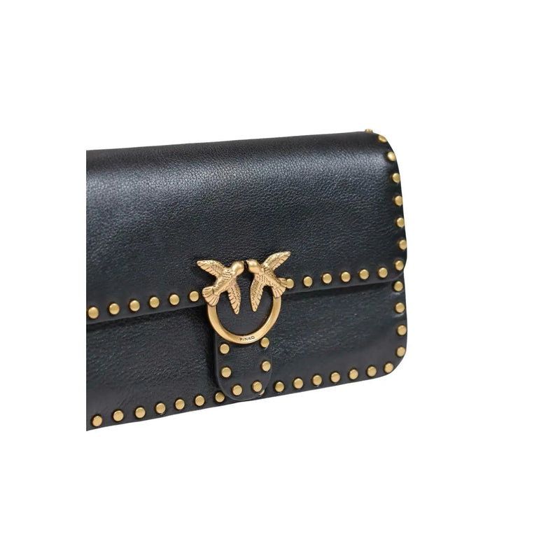 Black leather Pinko women clutch bag with gold-tone bird clasp and studded detailing small W27 cm