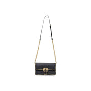 Pinko women leather bag black studded small w27 cm with gold-tone studs bird-shaped clasp and chain-and-leather strap