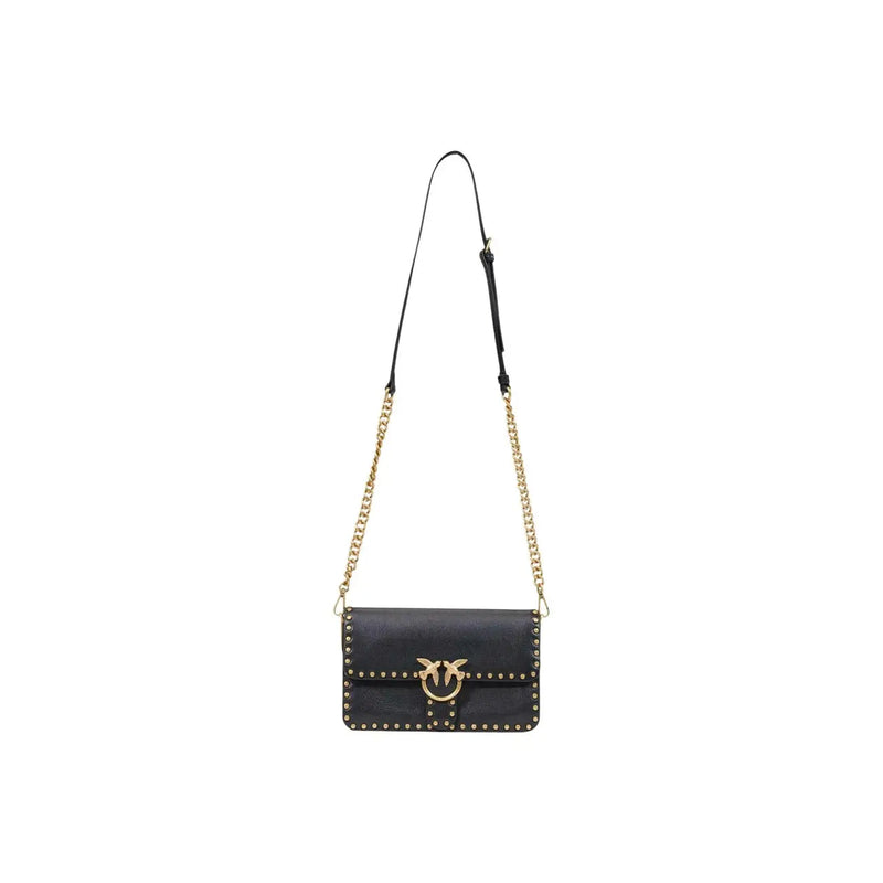 Pinko women leather bag black studded small w27 cm with gold-tone studs bird-shaped clasp and chain-and-leather strap