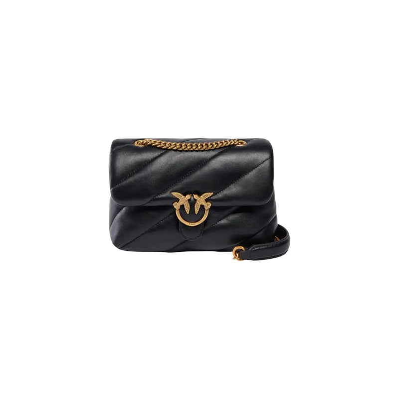 Pinko women leather crossbody bag 22cm black quilted leather with gold-tone chain and bird-shaped clasp
