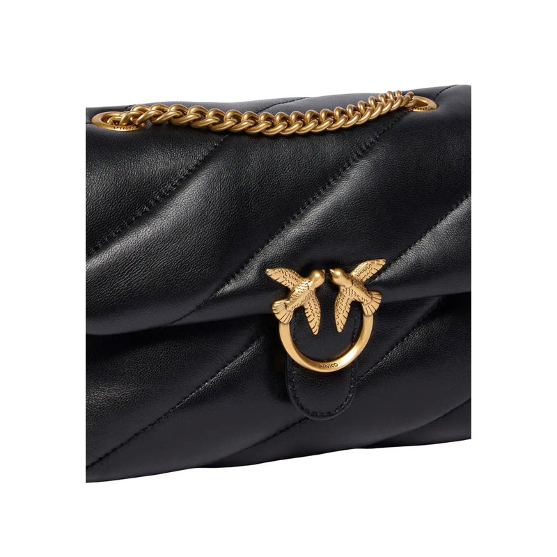 Pinko women leather crossbody bag black 22cm with quilted design gold-tone chain strap and bird-shaped clasp