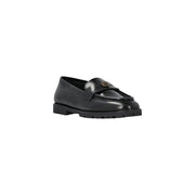 Pinko women leather slip on black loafer with gold tone logo emblem on strap for classic style