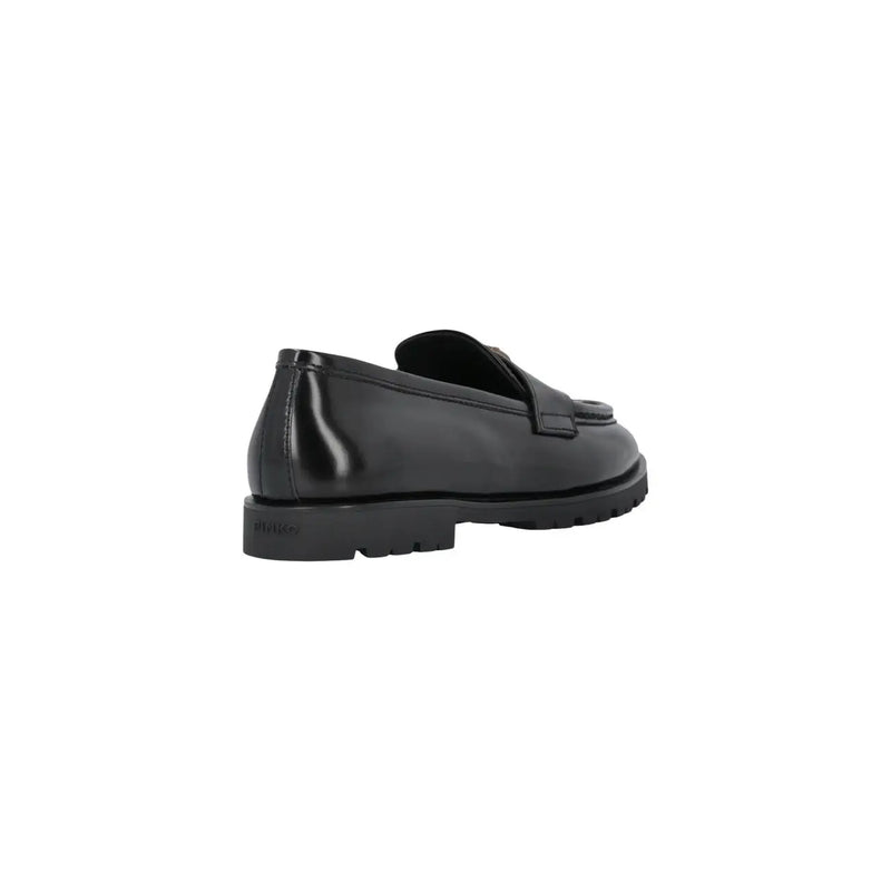 Pinko women leather slip on shoes black classic with black patent leather loafer and textured rubber sole