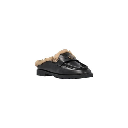 Pinko Schwarze Damen-Lederpantoffeln, Mokassins mit hellbraunem Lammfellfutter und goldfarbenem Logo-Emblem