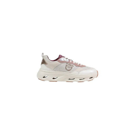 Pinko women leather sneakers beige lace up with cream color, chunky translucent sole, and subtle pink lace accents
