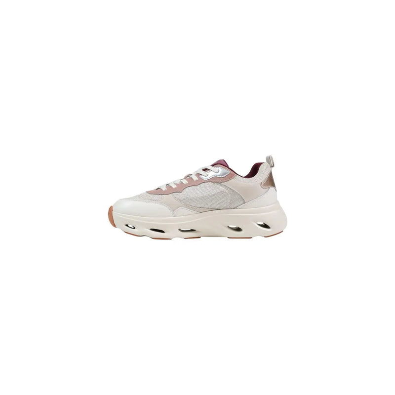 Pinko Women leather sneakers beige lace up with cream mesh and suede panels, burgundy lining, and metallic silver details