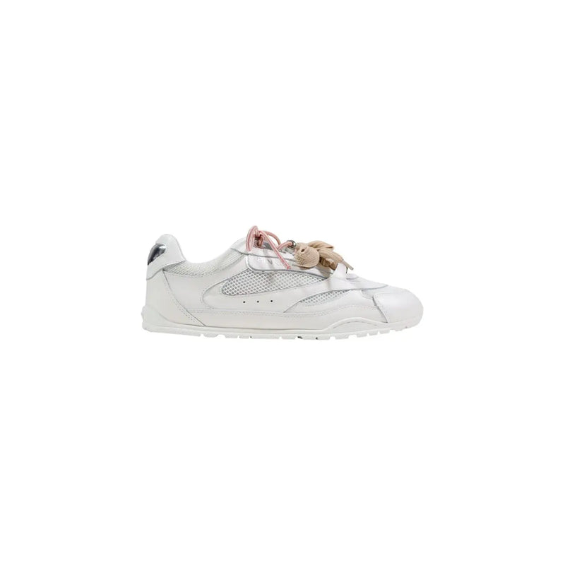 Pinko women leather white lace up casual sneakers with mesh panels pink lace and silver metallic heel accents