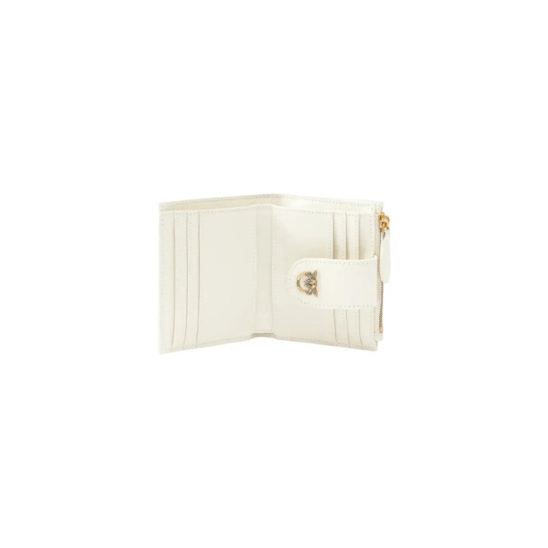 White leather Pinko women wallet with gold-tone zipper and logo clasp, multiple pockets, size W12xH10xL3 cm
