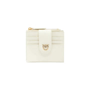 Pinko women leather wallet in white featuring a sleek leather cardholder with gold-tone bee clasp and zipper pull