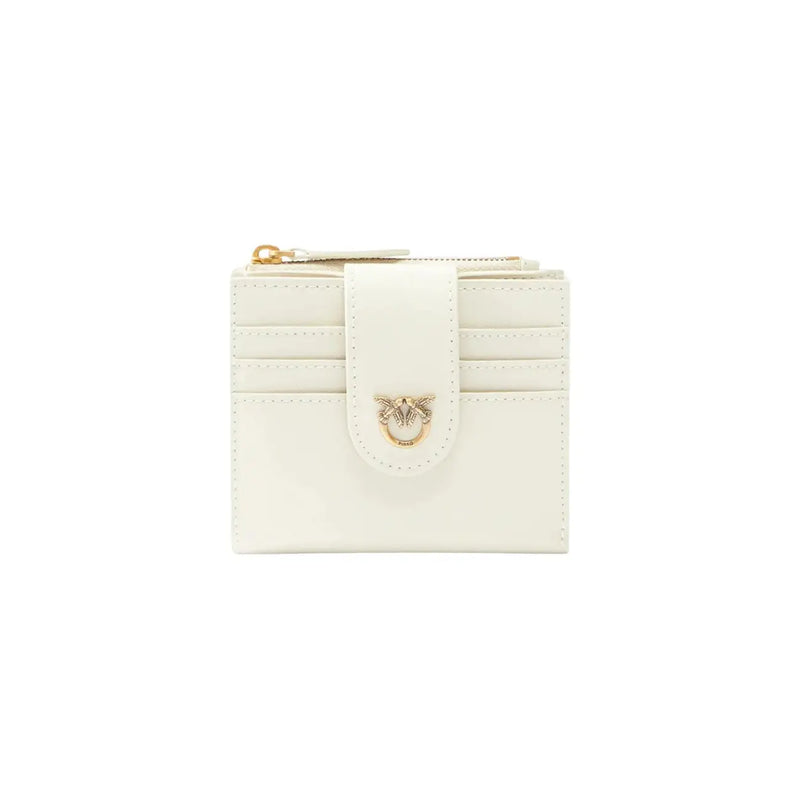 Pinko women leather wallet in white featuring a sleek leather cardholder with gold-tone bee clasp and zipper pull