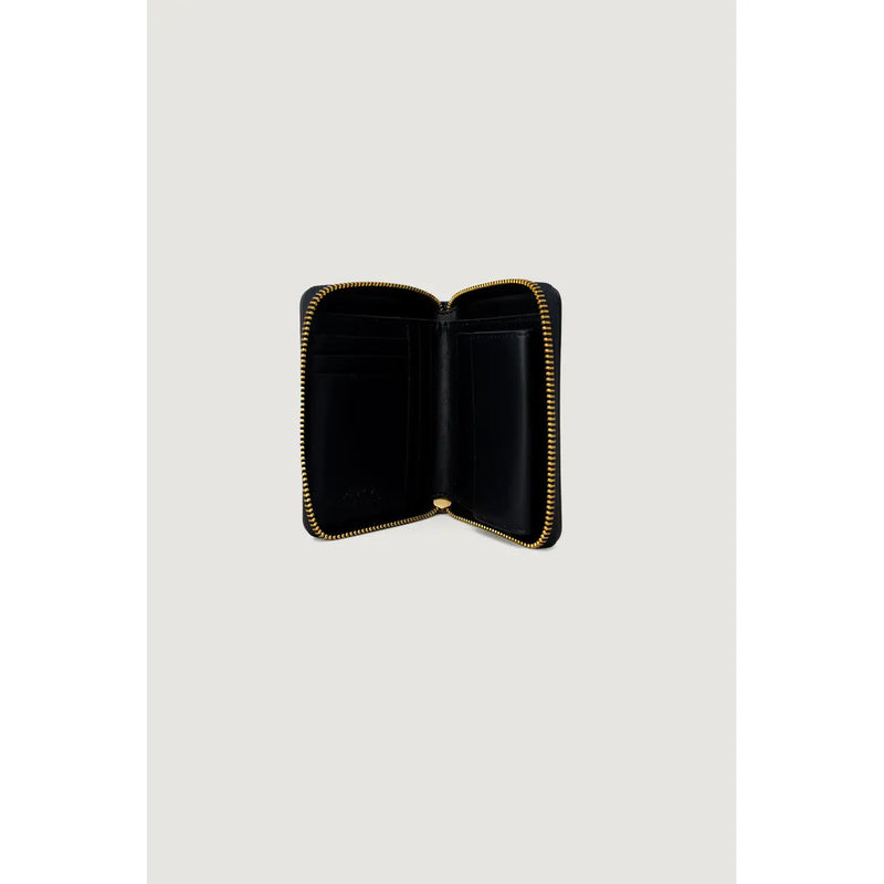 Pinko women leather zip wallet in black with gold-toned zipper and interior compartments measuring 10x12x2.5 cm
