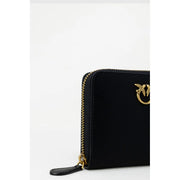 Pinko women leather zip wallet in black velvet with gold-tone bird logo and zipper pull measuring 10x12x2.5 cm