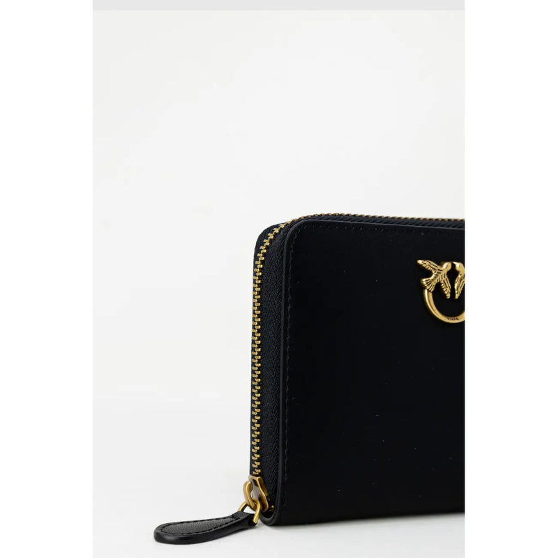 Pinko women leather zip wallet in black velvet with gold-tone bird logo and zipper pull measuring 10x12x2.5 cm