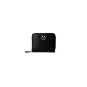 Pinko women leather zip wallet in black with gold-tone bird logo clasp measuring 10x12x2.5 cm