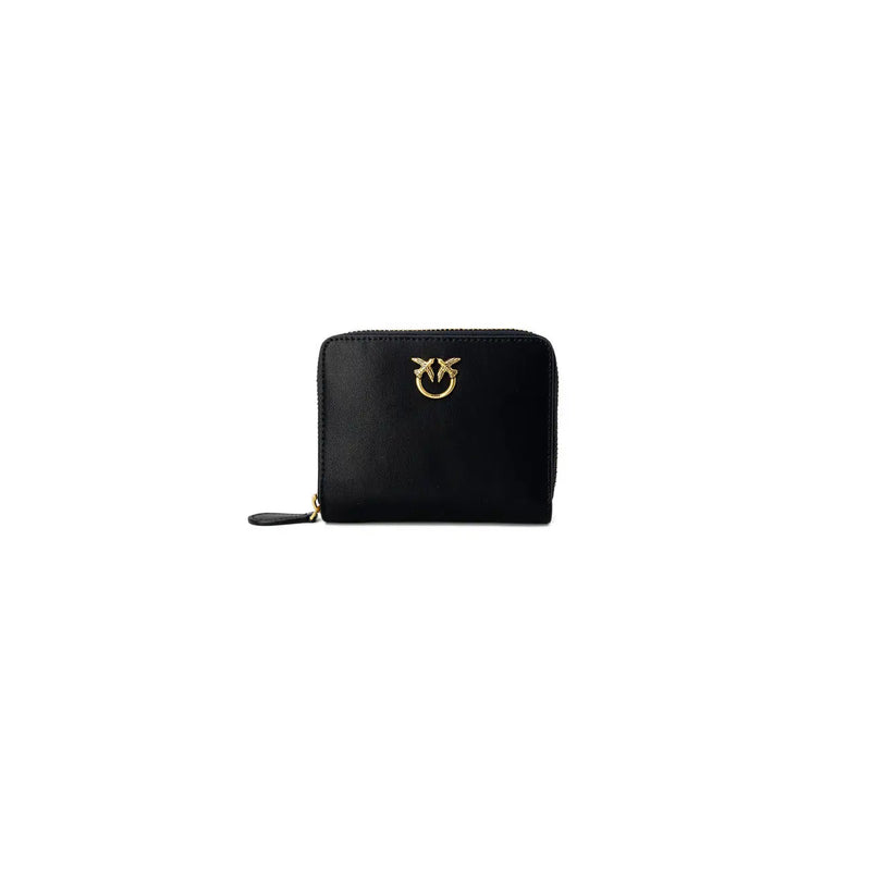 Pinko women leather zip wallet in black with gold-tone bird logo clasp measuring 10x12x2.5 cm