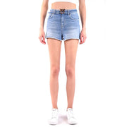 Pinko women light blue cotton shorts with frayed hem and animal shaped metal buckle belt visible from the front