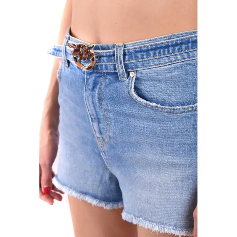 Pinko women light blue cotton denim shorts with frayed hem and gold-toned animal head buckle belt