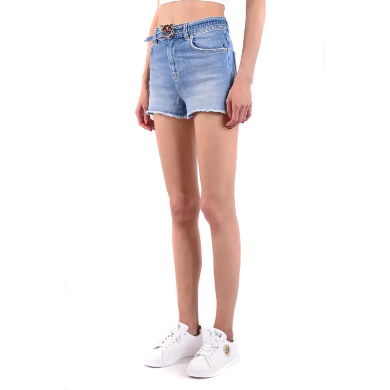 Pinko women light blue cotton shorts featuring light-wash denim, frayed hem, and gold-toned belt buckle