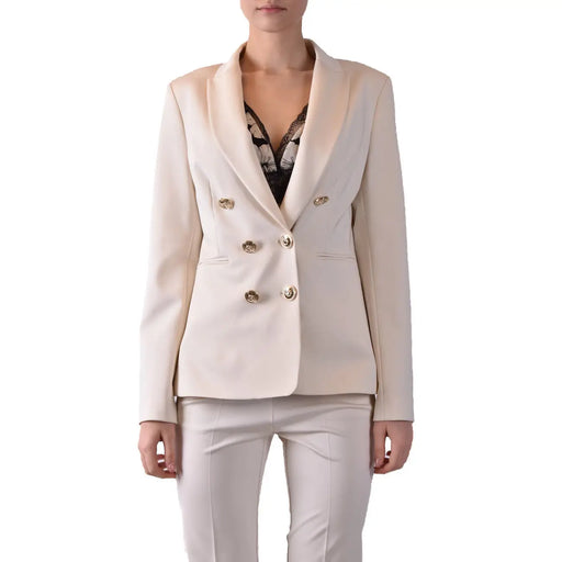 Pinko women cream-colored double-breasted blazer with gold-toned buttons made from viscose blend fabric