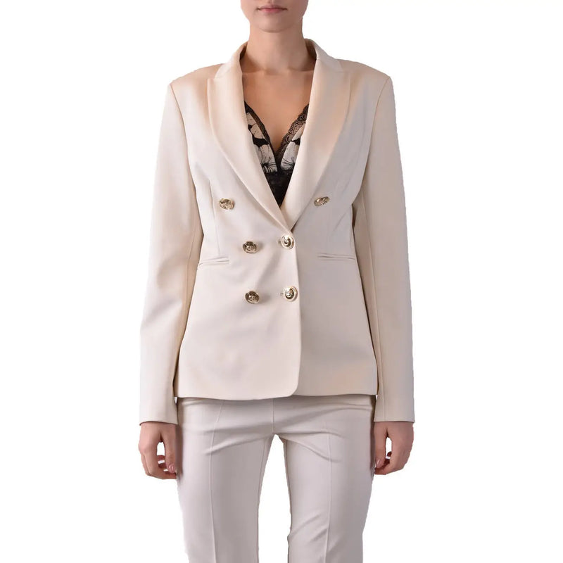 Cream-colored double-breasted blazer with gold-toned buttons and tailored fit made from viscose blend by Pinko Women