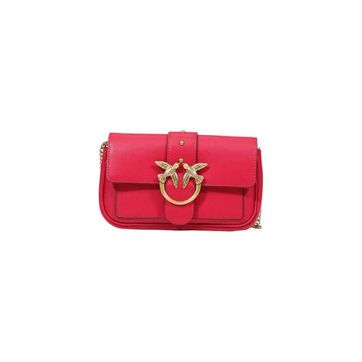 Pinko Rote Damen-Umhängetasche aus Leder, 20 cm, mit leuchtend rotem, goldfarbenem Vogelverschluss und Kettenriemen